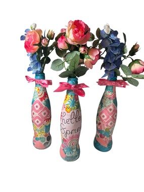 Hello Spring Pink and Blue Decorative Bottle Vases with Floral Accents